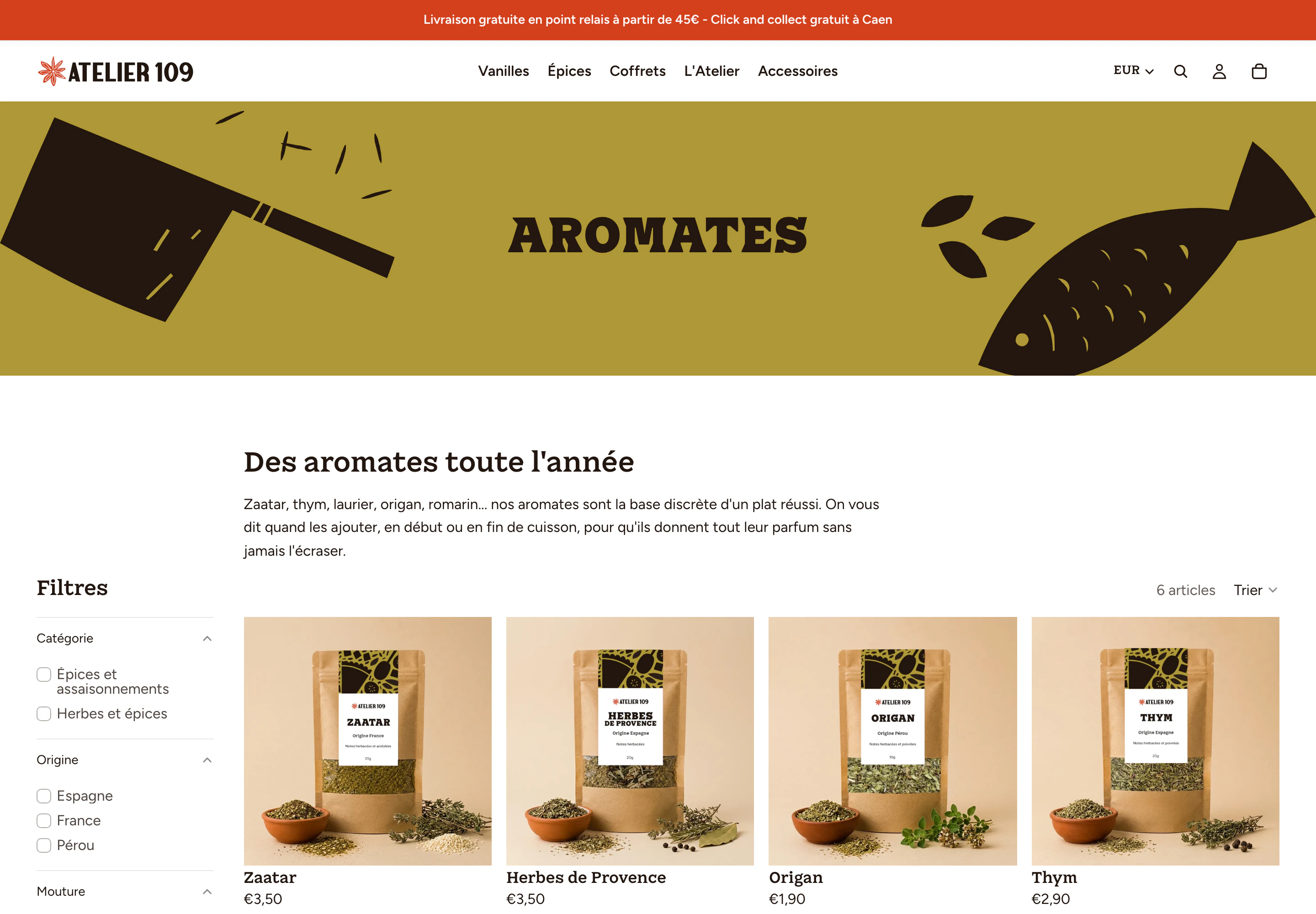 Collection Aromates avec texte de conseil et filtres