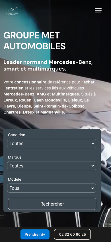 Page d'accueil du Groupe MET en production sur mobile