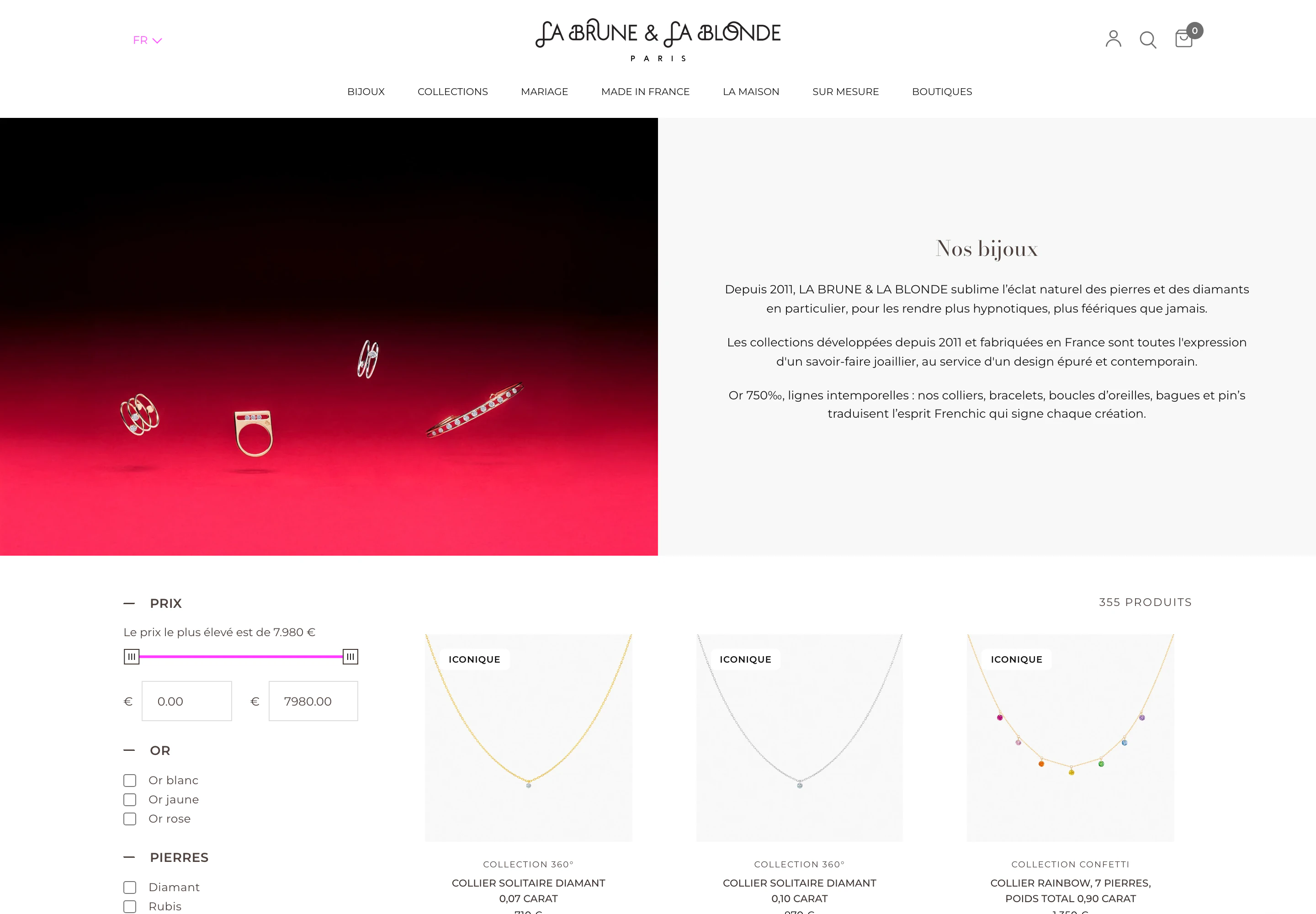 Page Nos bijoux : filtres par prix, couleur d'or et pierres