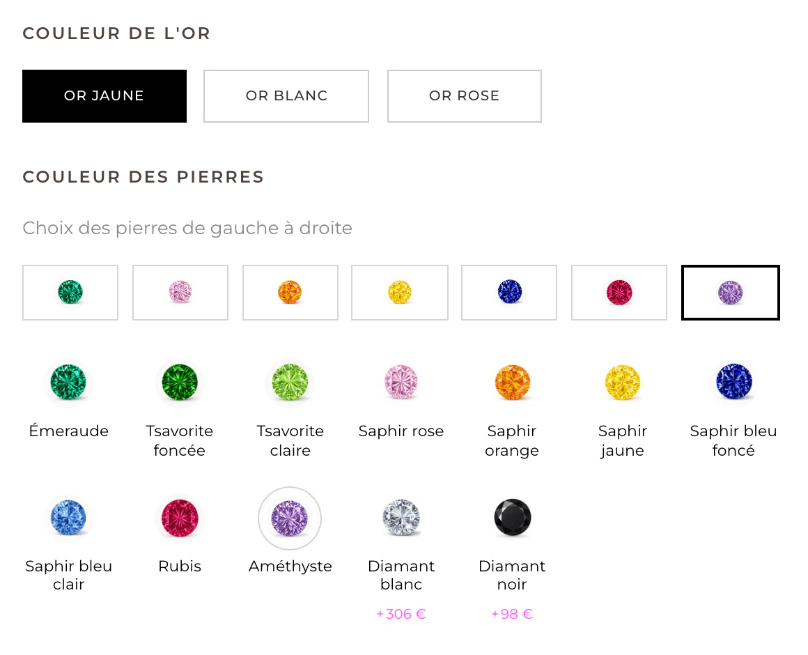Choix de la couleur de l'or et des pierres, avec suppléments sur les diamants
