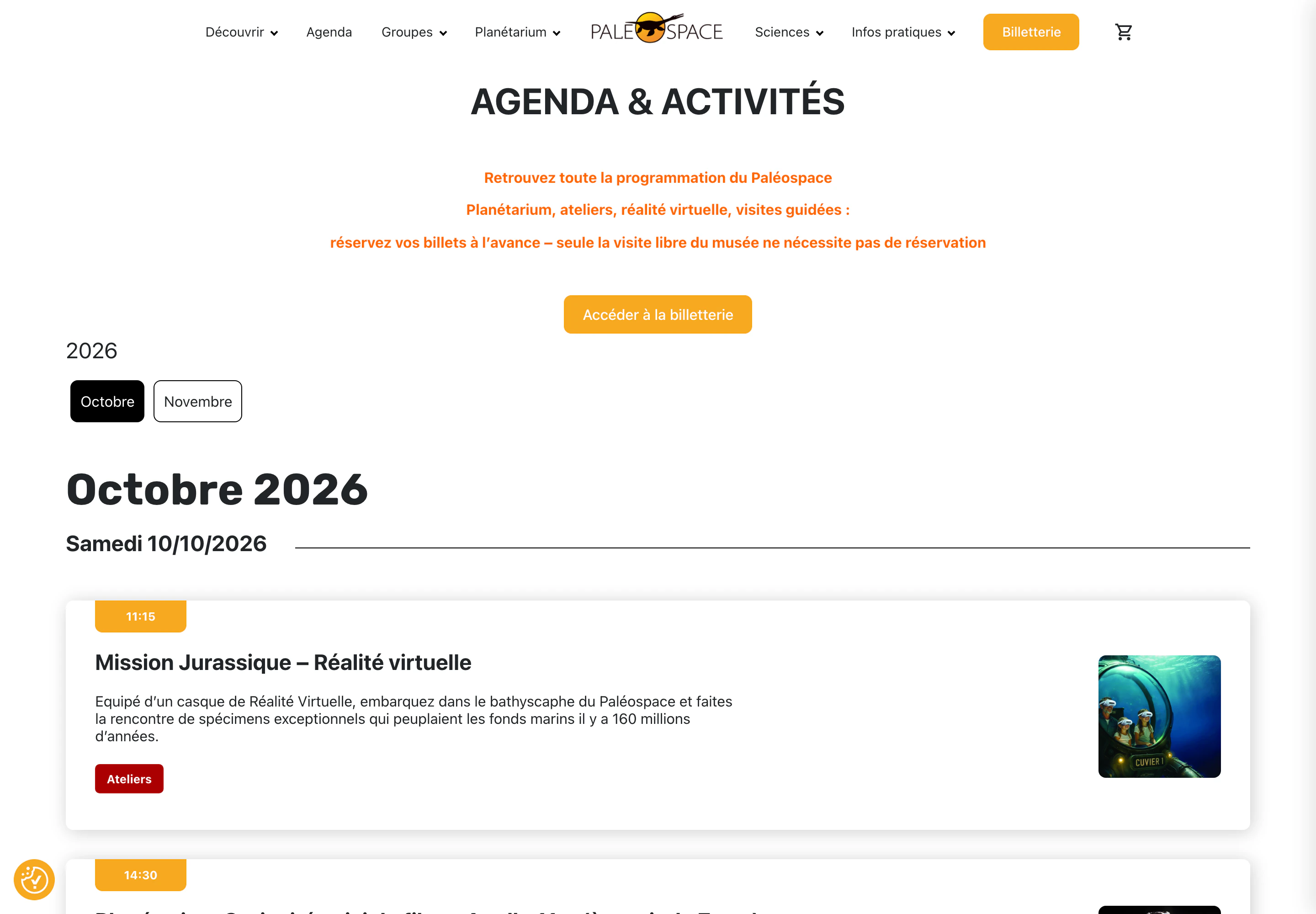 Page Agenda & activités : programmation par mois et par jour