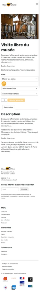 Fiche de réservation du Paléospace sur mobile