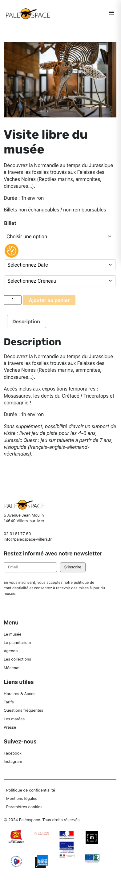 Fiche de réservation du Paléospace sur mobile